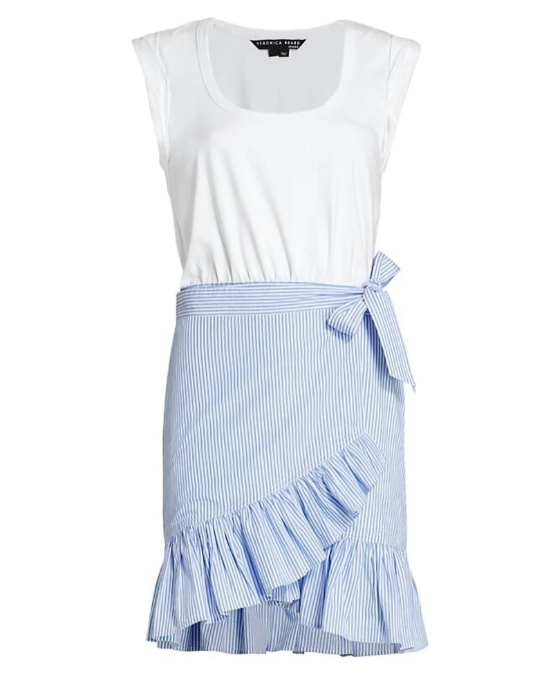 Front of a size L Addyson Ruffled Wrap Skirt Cotton Mini Dress in White/Blue in White/Blue by Veronica Beard. | dia_product_style_image_id:338819